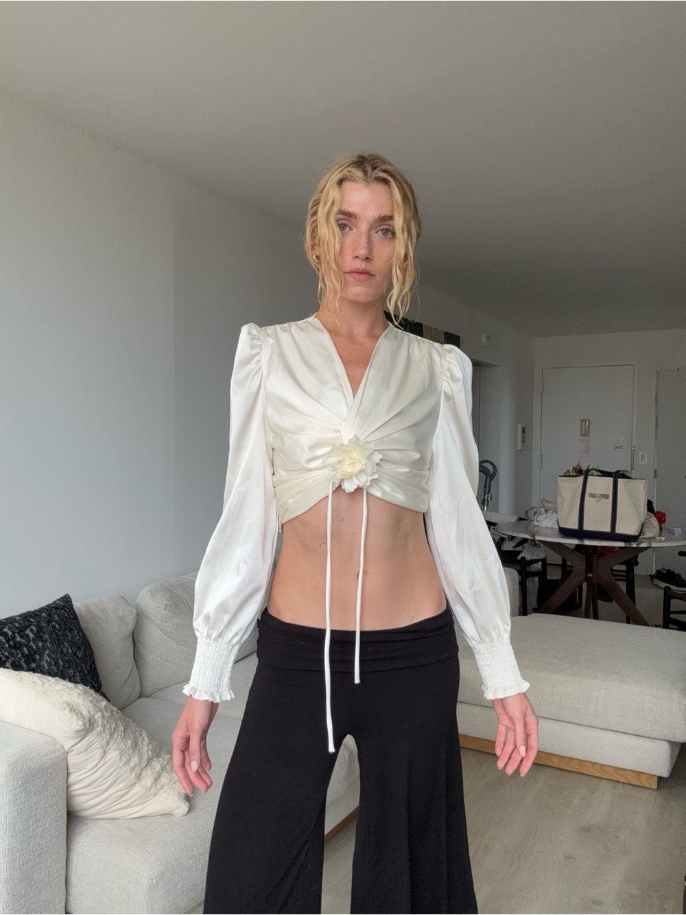 Miss Rosier Ivory Satin Puff Sleeve Crop Top Removable Rosette Size Small